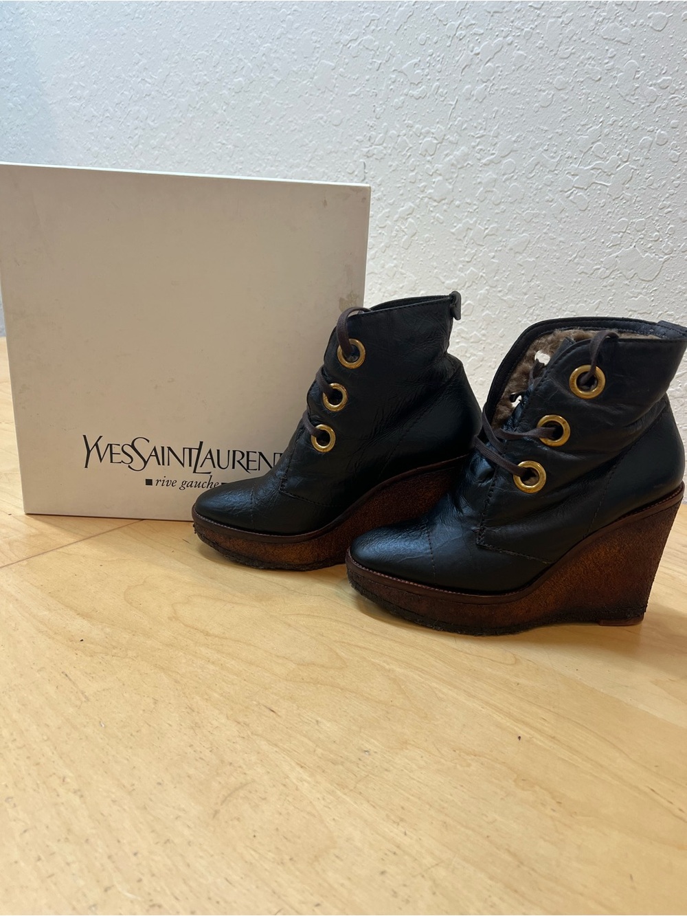 Yves Saint Laurent brown Leather Wedge Ankle Booties with Gold Eyelets size 38